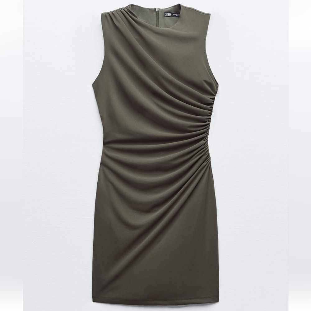 Zara Green Ruched Mini Dress - Picture 2 of 8